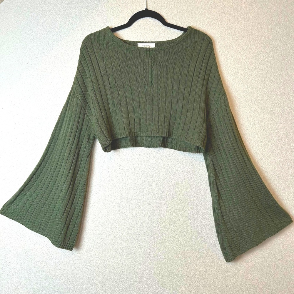 No Comment Fairy Grunge Olive Green Ribbed Cropped Sweater Bell Sleeve Earthy  S
